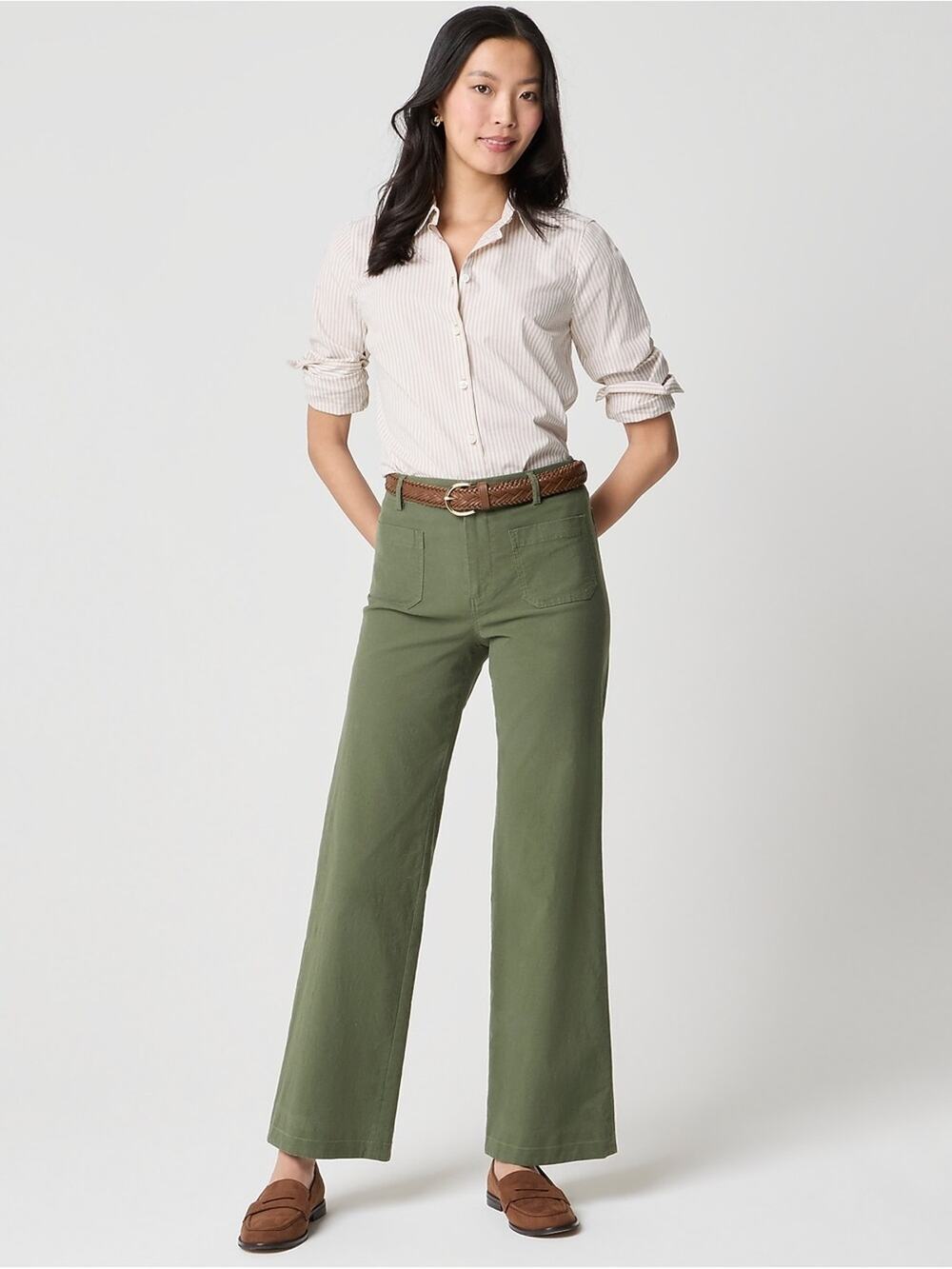 J.Crew Factory Lizzie Wide Leg Pants Olive Green 33 High Rise Chino NWT
